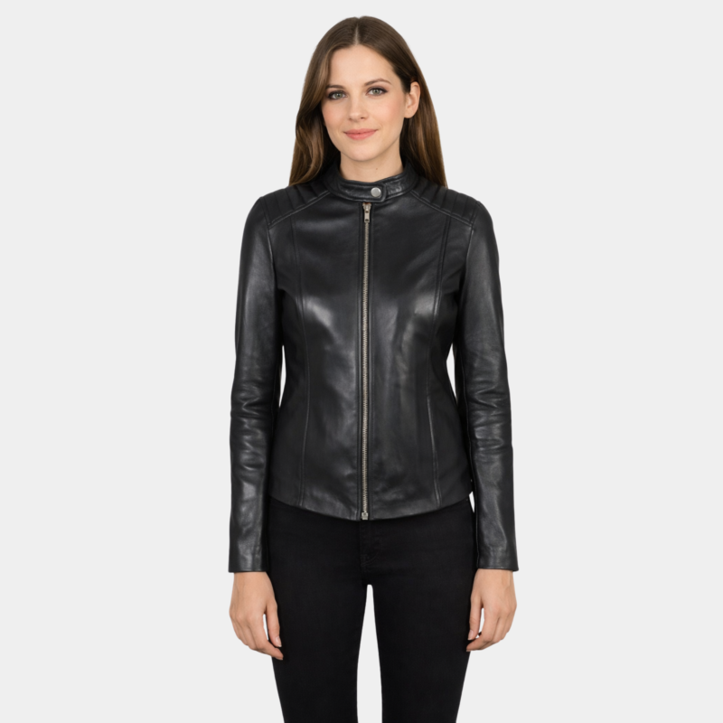 Kelsee Black Leather Biker Jacket - Leather Clan