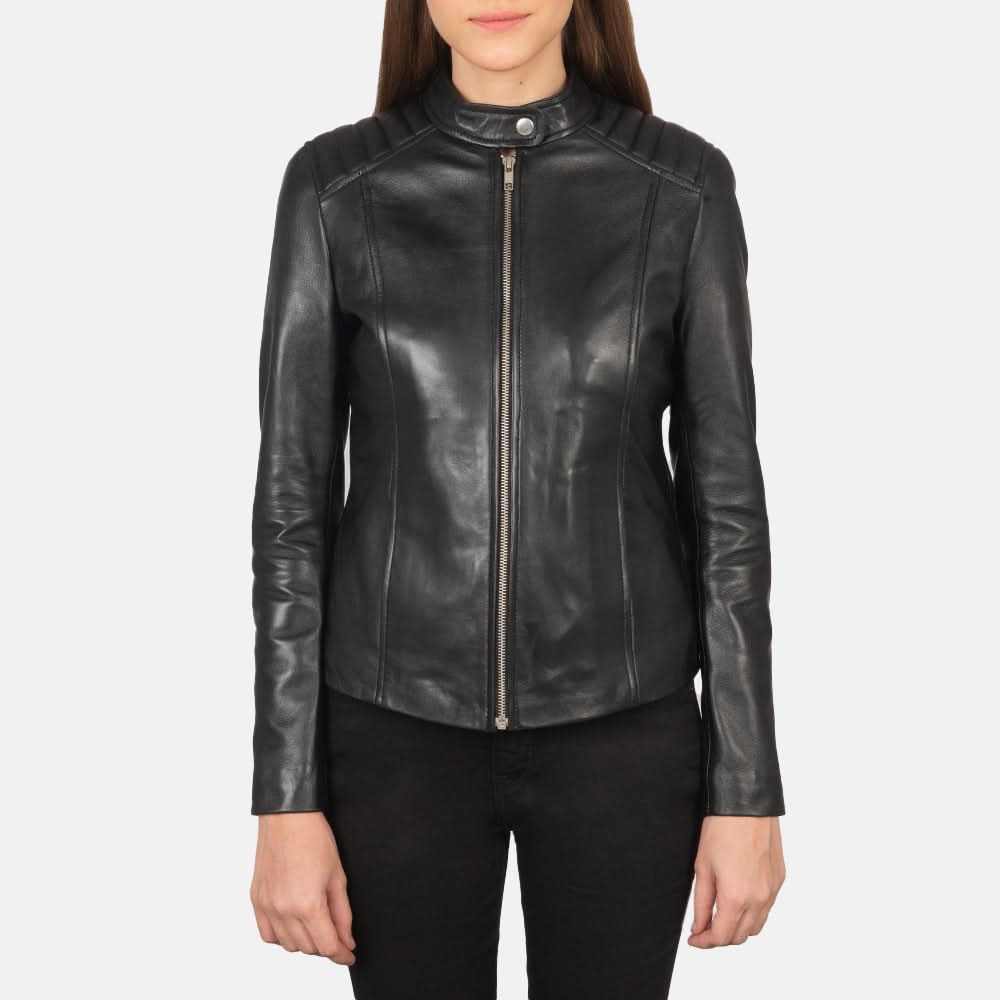 Kelsee Black Leather Biker Jacket - Leather Clan