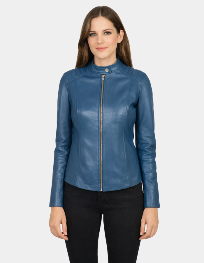Kelsee Blue Leather Biker Jacket - Leather Clan