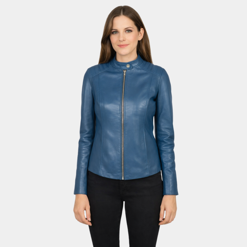 Kelsee Blue Leather Biker Jacket - Leather Clan