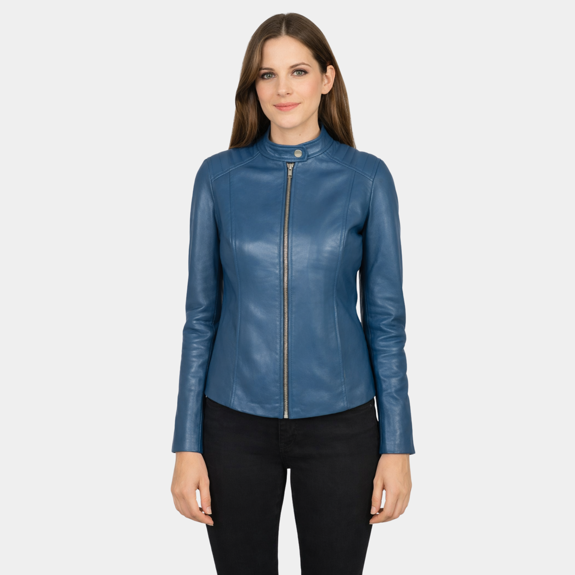 Kelsee Blue Leather Biker Jacket - Leather Clan