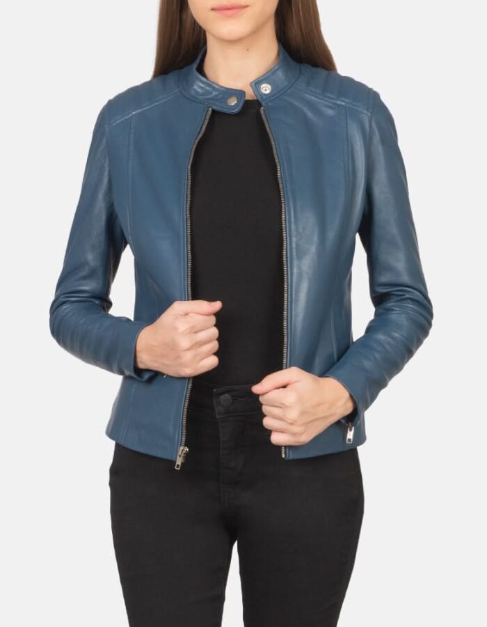 Kelsee Blue Leather Biker Jacket - Leather Clan
