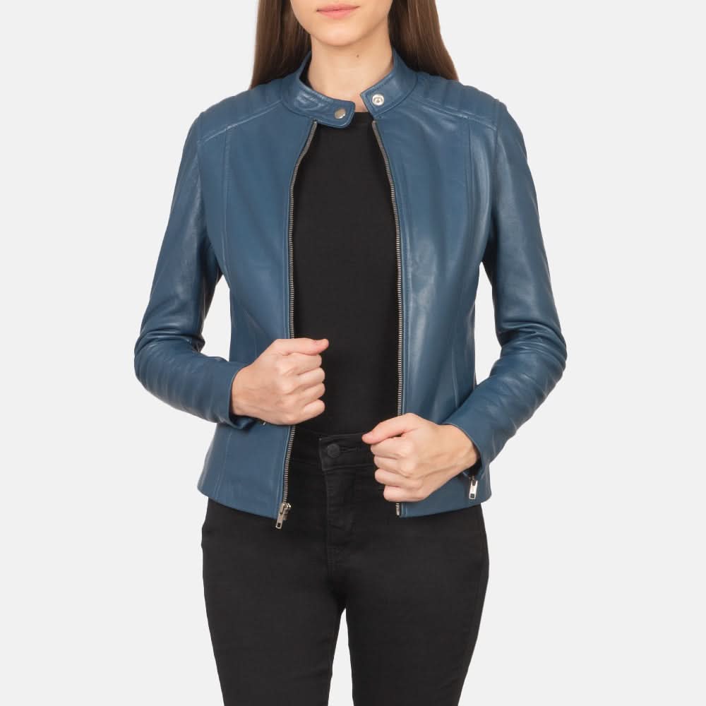 Kelsee Blue Leather Biker Jacket - Leather Clan