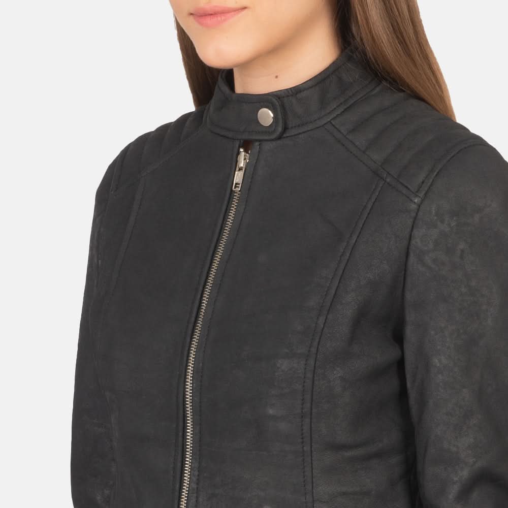 Kelsee Distressed Black Leather Biker Jacket - Image 7