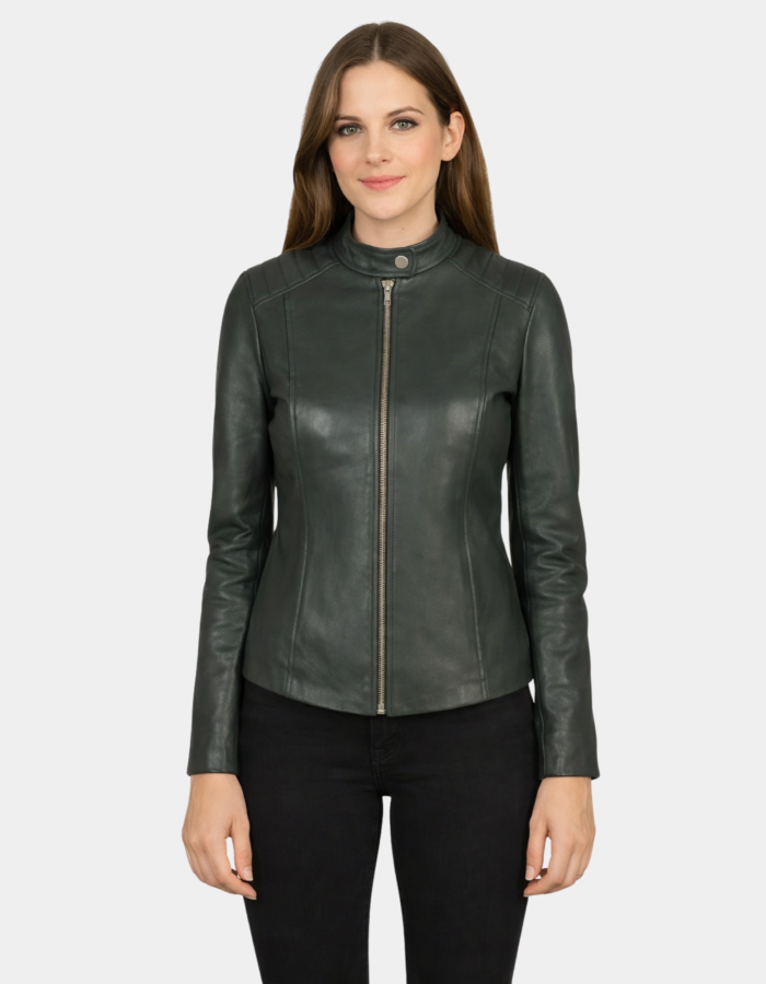 Kelsee Green Leather Biker Jacket - Leather Clan