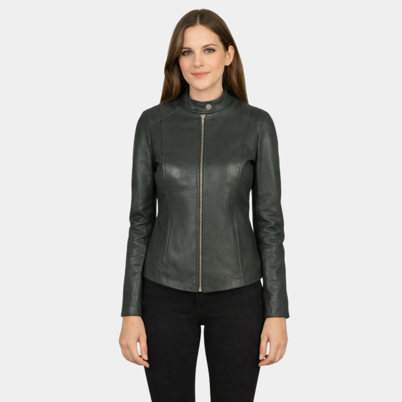 Kelsee Green Leather Biker Jacket - Leather Clan