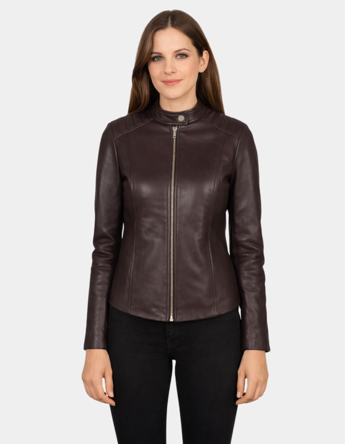 Kelsee Maroon Leather Biker Jacket - Leather Clan