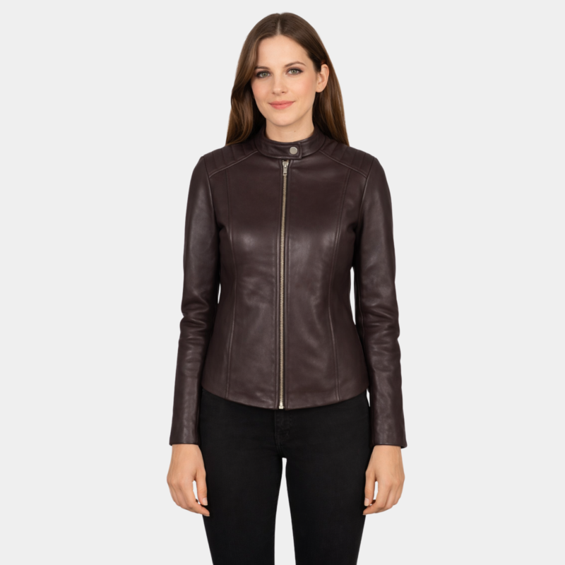 Kelsee Maroon Leather Biker Jacket - Leather Clan