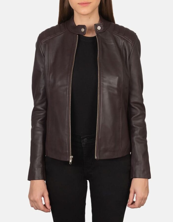 Kelsee Maroon Leather Biker Jacket - Leather Clan