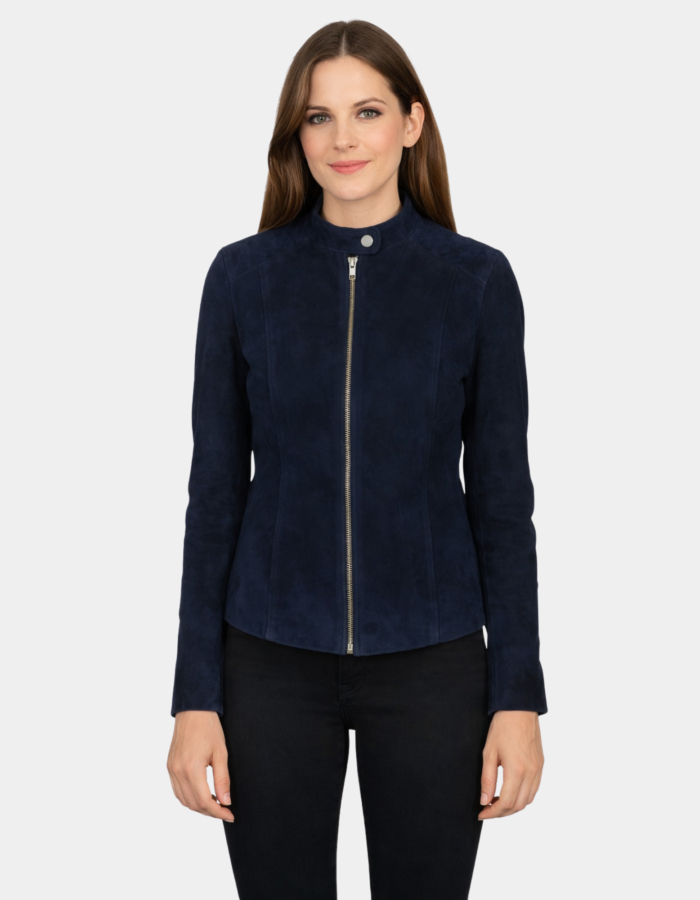 Kelsee Navy Blue Suede Biker Jacket - Leather Clan