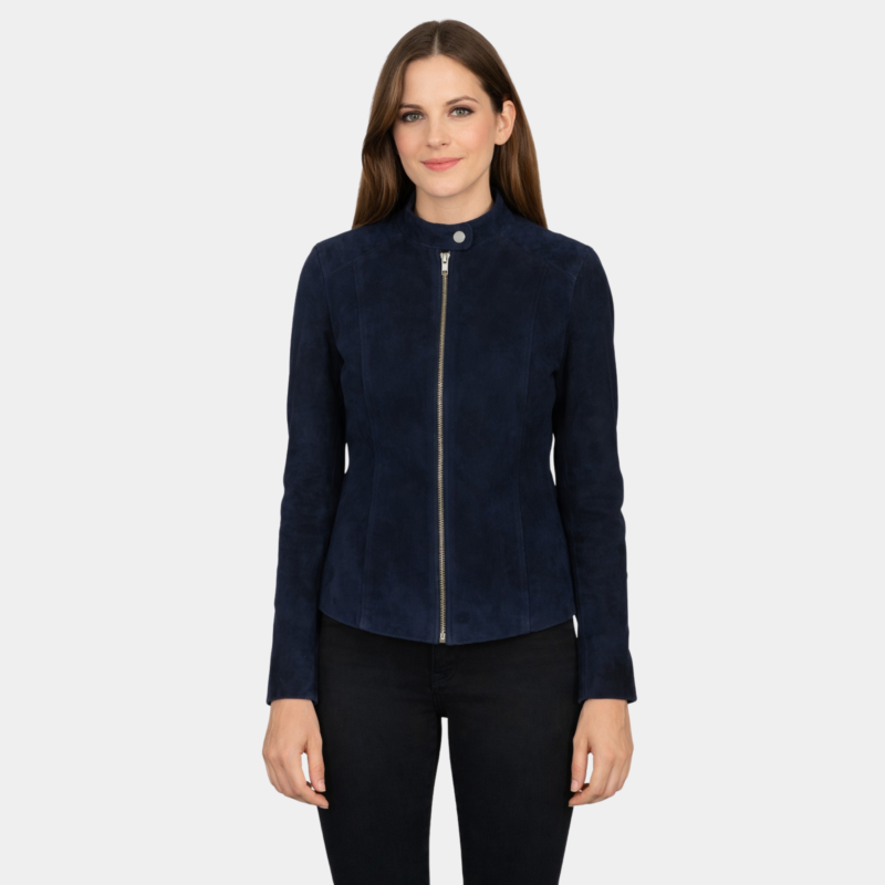 Kelsee Navy Blue Suede Biker Jacket - Leather Clan