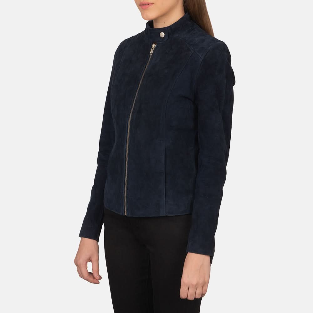 Kelsee Navy Blue Suede Biker Jacket - Leather Clan