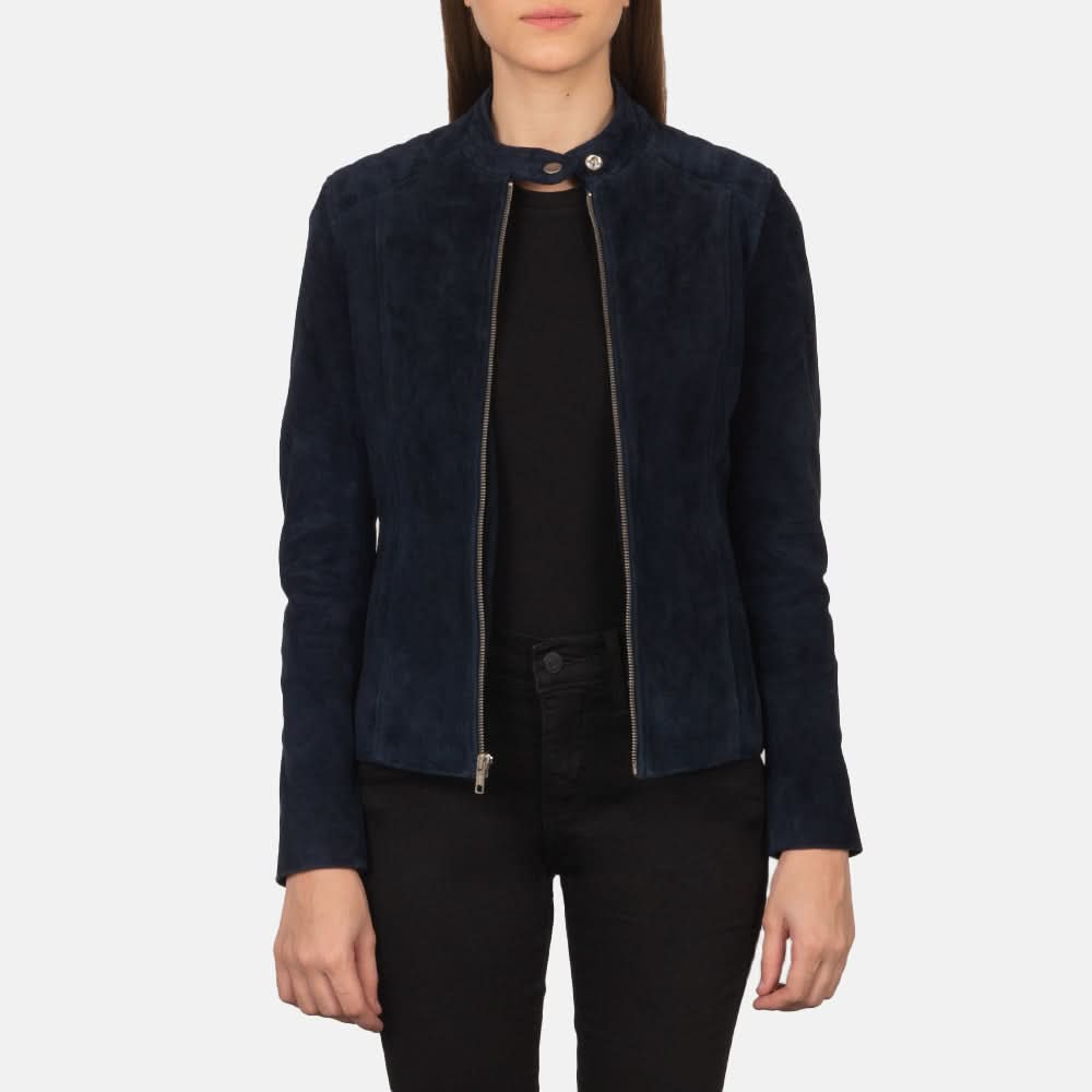 Kelsee Navy Blue Suede Biker Jacket - Leather Clan