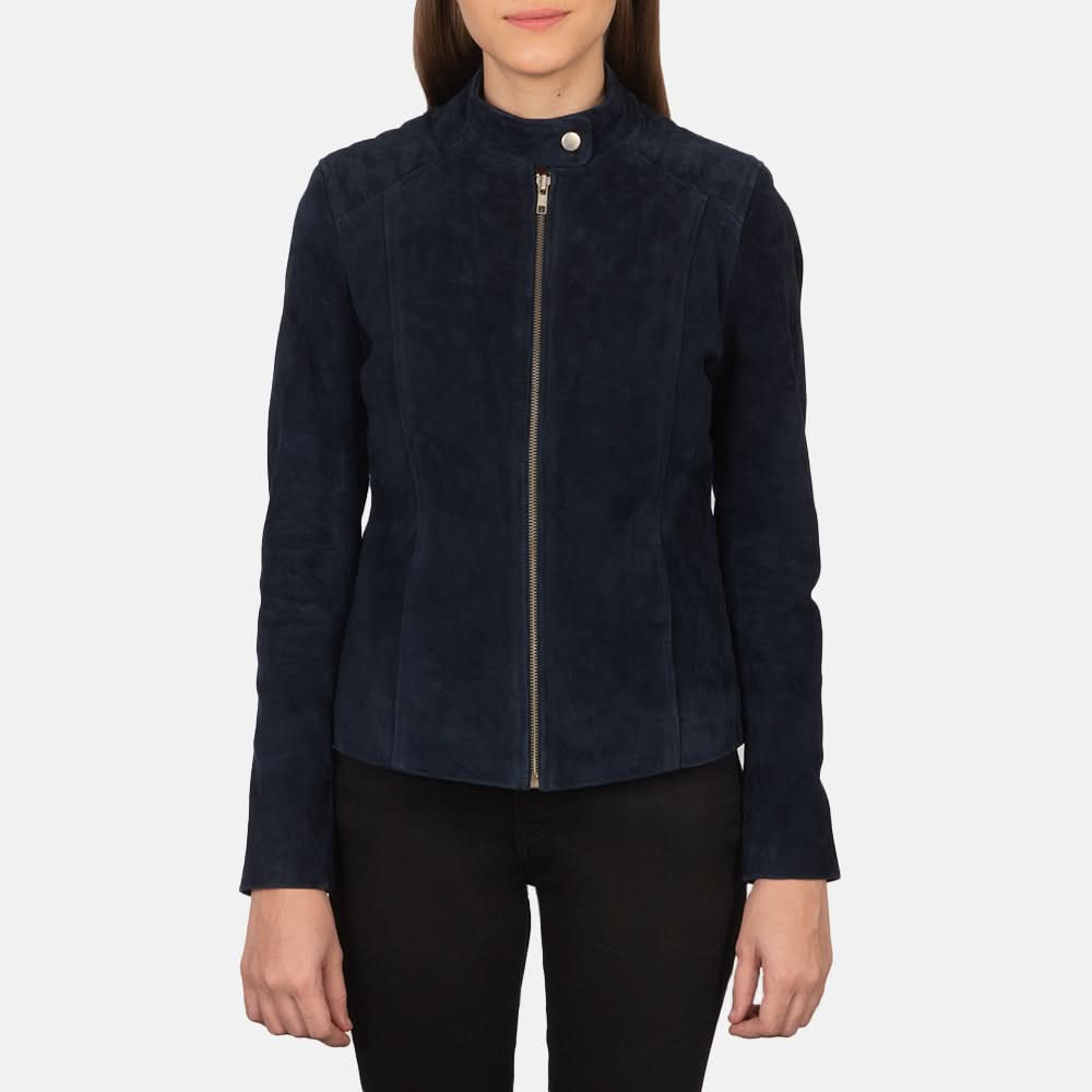 Kelsee Navy Blue Suede Biker Jacket - Leather Clan