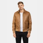 Coffmen Olive Brown Leather Bomber Jacket