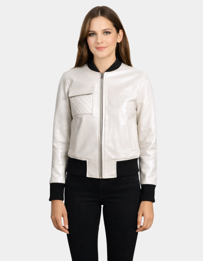 Lana Silver Leather Bomber Jacket - Leather Clan