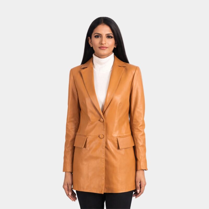 Marilyn Tan Brown Leather Blazer - Leather Clan