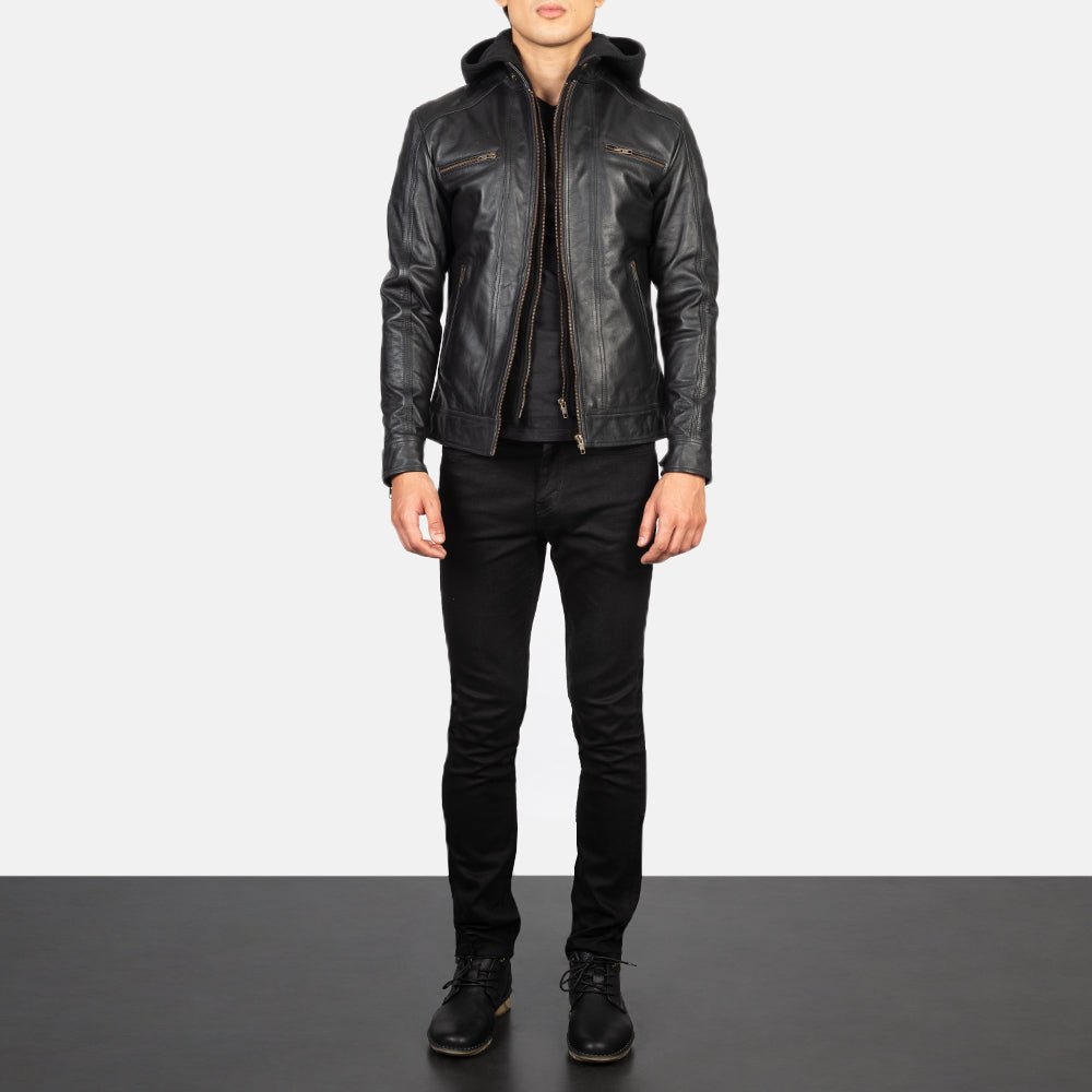Hector Black Hooded Leather Biker Jacket - Image 3