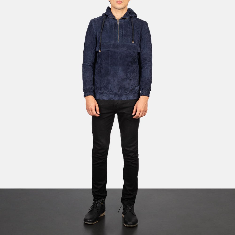 Kenton Hooded Blue Suede Pullover Jacket - Image 3