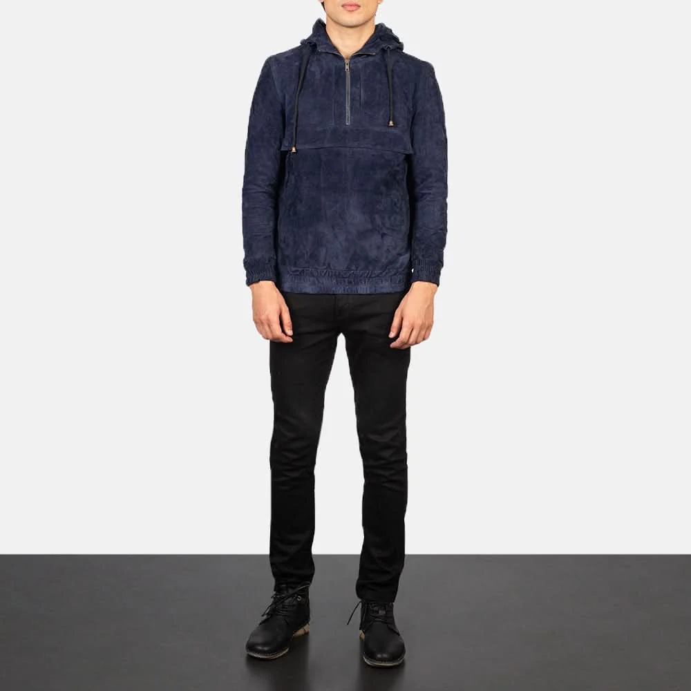 Kenton Hooded Blue Suede Pullover Jacket - Image 6