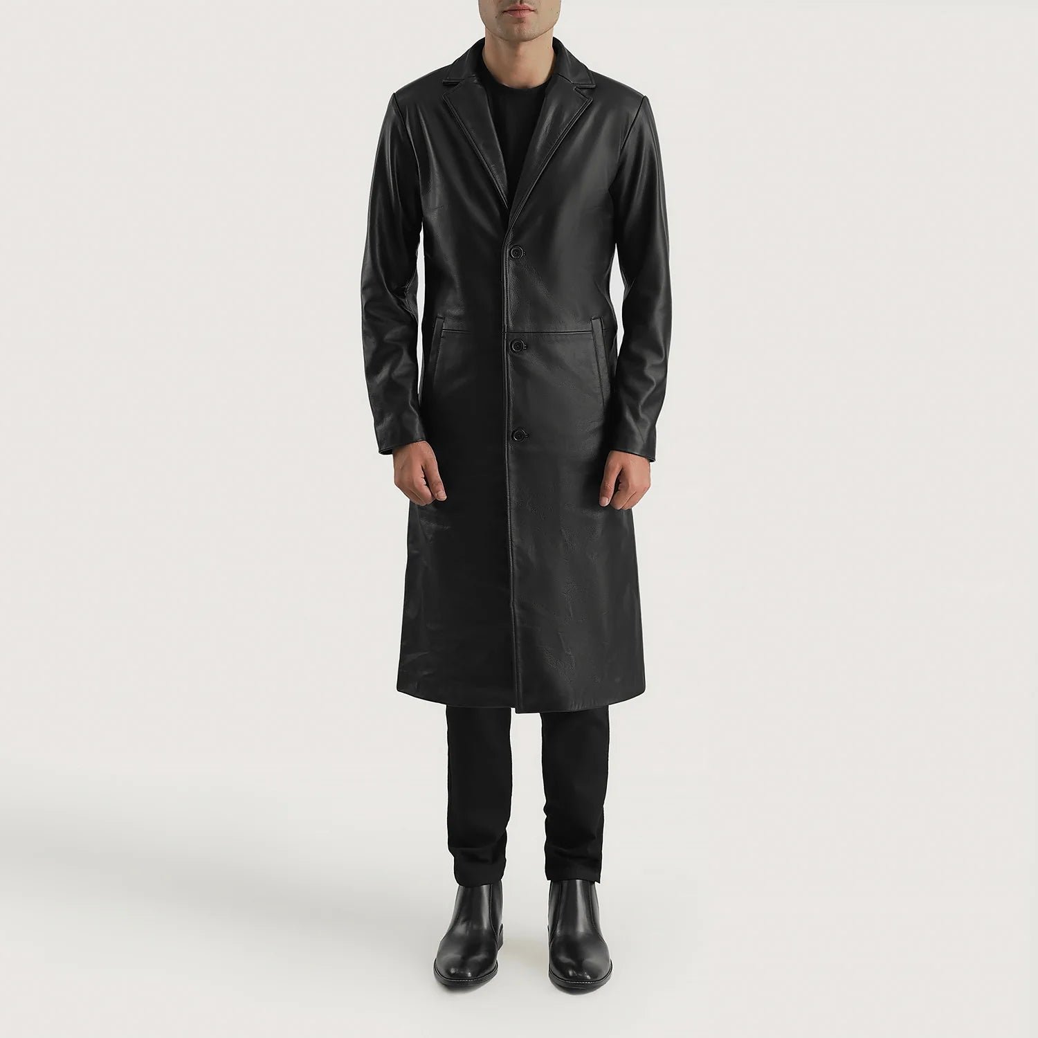 Mateo Black Leather Single Breasted Coat - Image 3