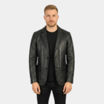 Men's Lapel Color Black Leather Blazer