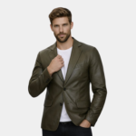 Mens Military Green Real Leather Blazer