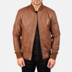Semi-Aniline Brown Leather Bomber Jacket
