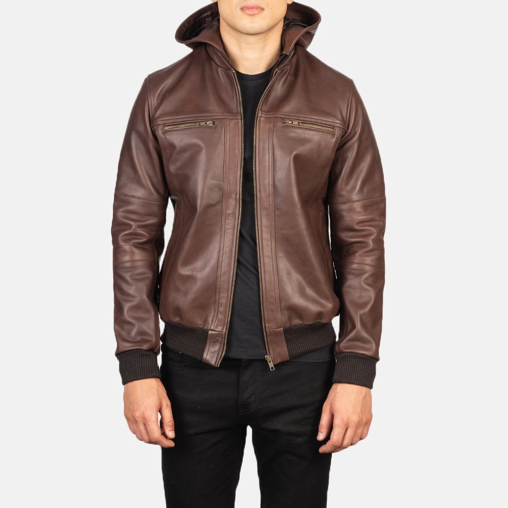 Bouncer Biz Brown Leather Bomber Jacket - Image 1