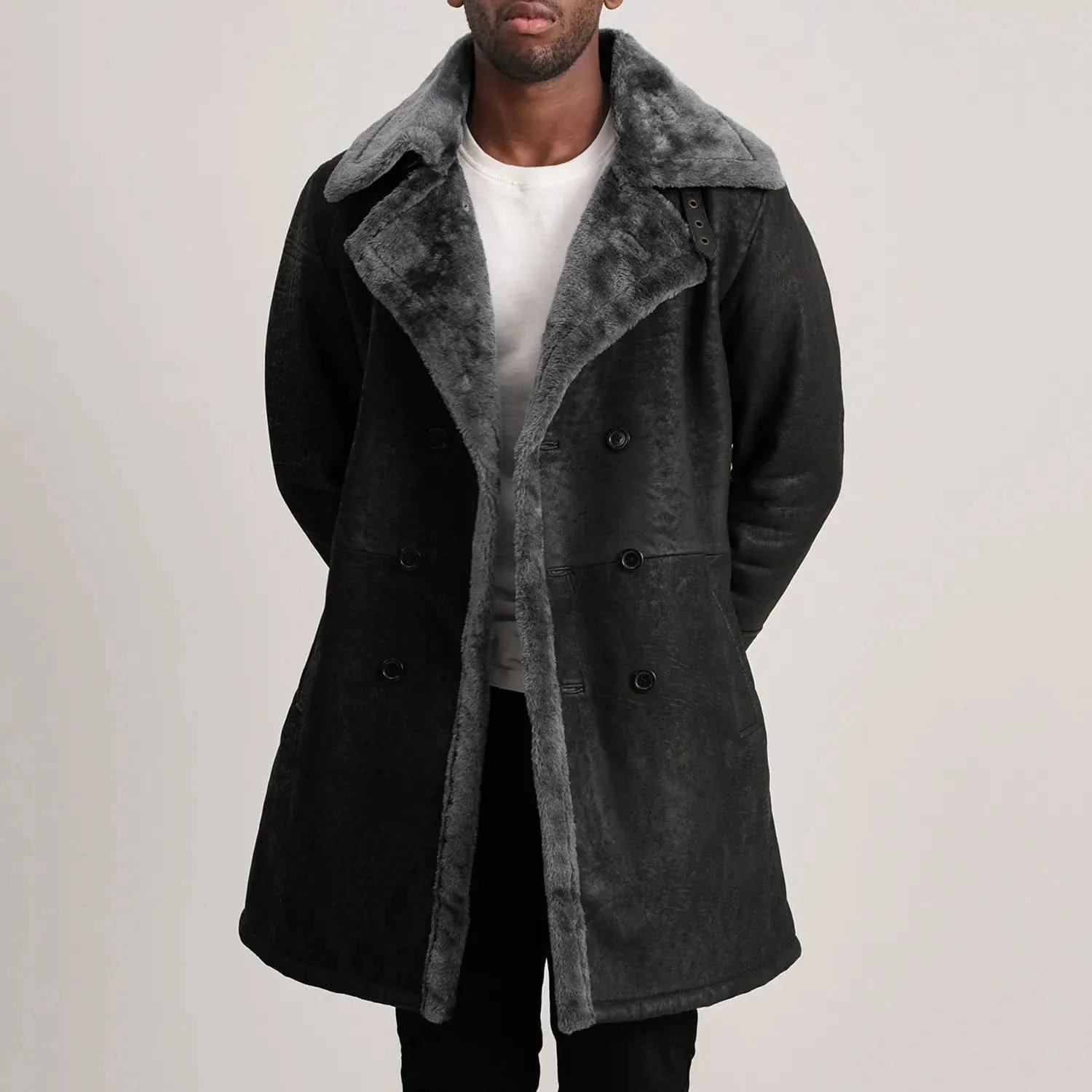 Charles Distressed Black Leather Shearling Double-Breasted Coat - Image 3