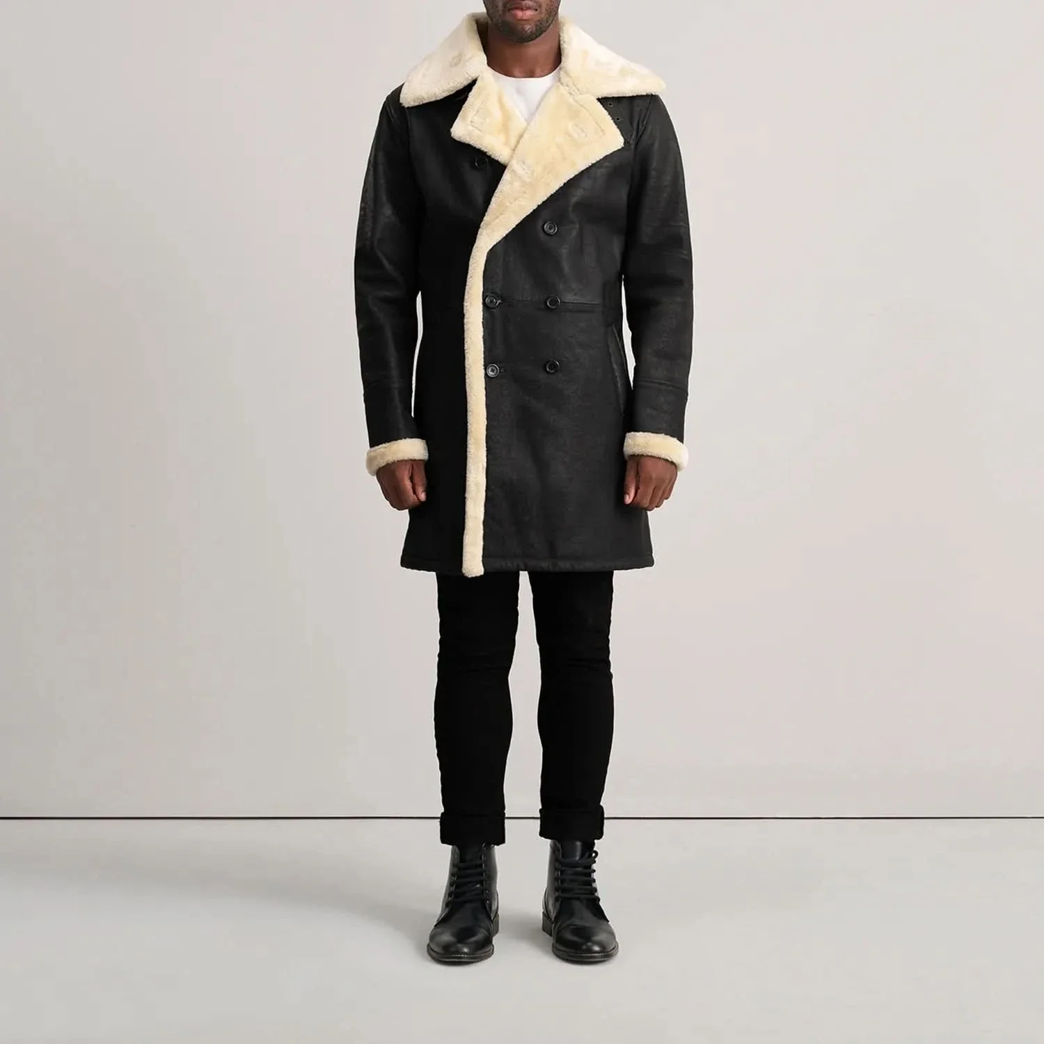Charles Tumbled Black Leather Shearling Double-Breasted Coat - Image 3