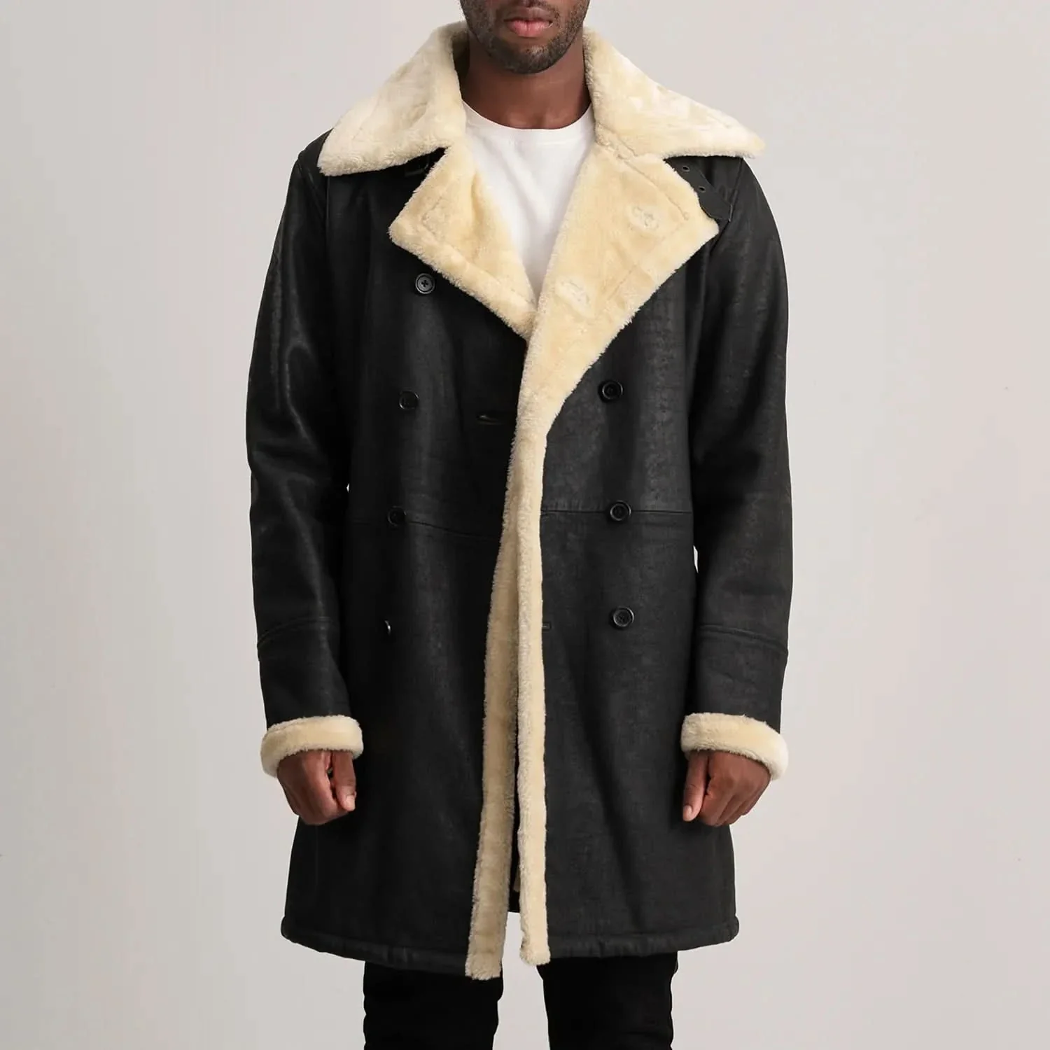 Charles Tumbled Black Leather Shearling Double-Breasted Coat - Image 4