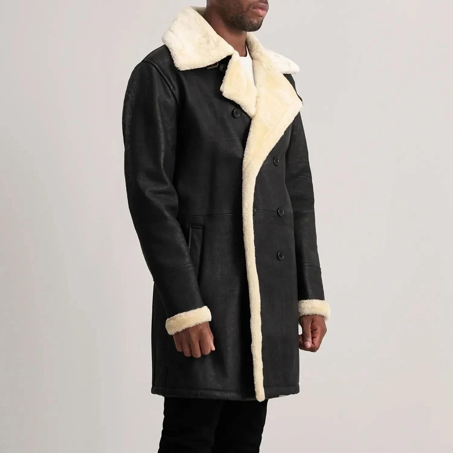 Charles Tumbled Black Leather Shearling Double-Breasted Coat - Image 5