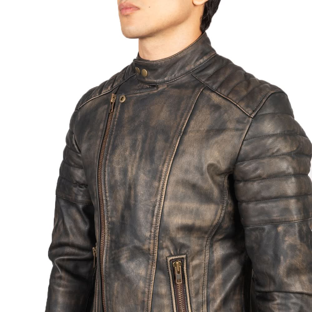Brandon Distressed Brown Leather Biker Jacket - Image 4