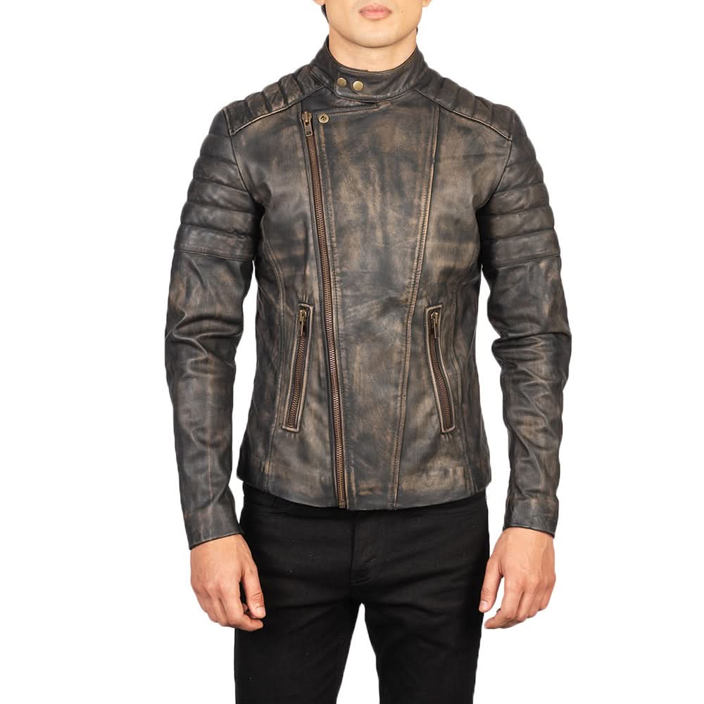 Brandon Distressed Brown Leather Biker Jacket - Image 3