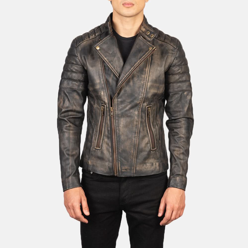 Brandon Distressed Brown Leather Biker Jacket - Image 5