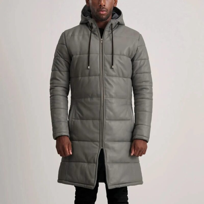 Floyd Grey Hooded Leather Puffer Coat - Leather Clan