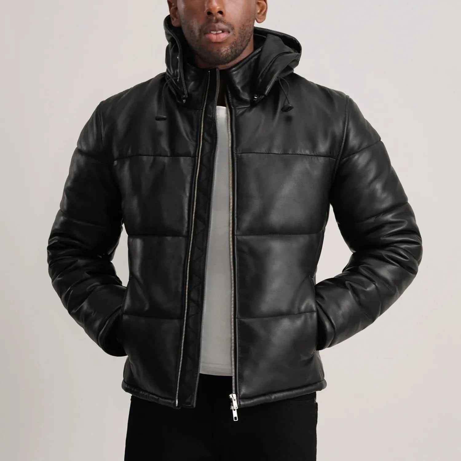 Conrad Black Hooded Leather Puffer Jacket - Image 3