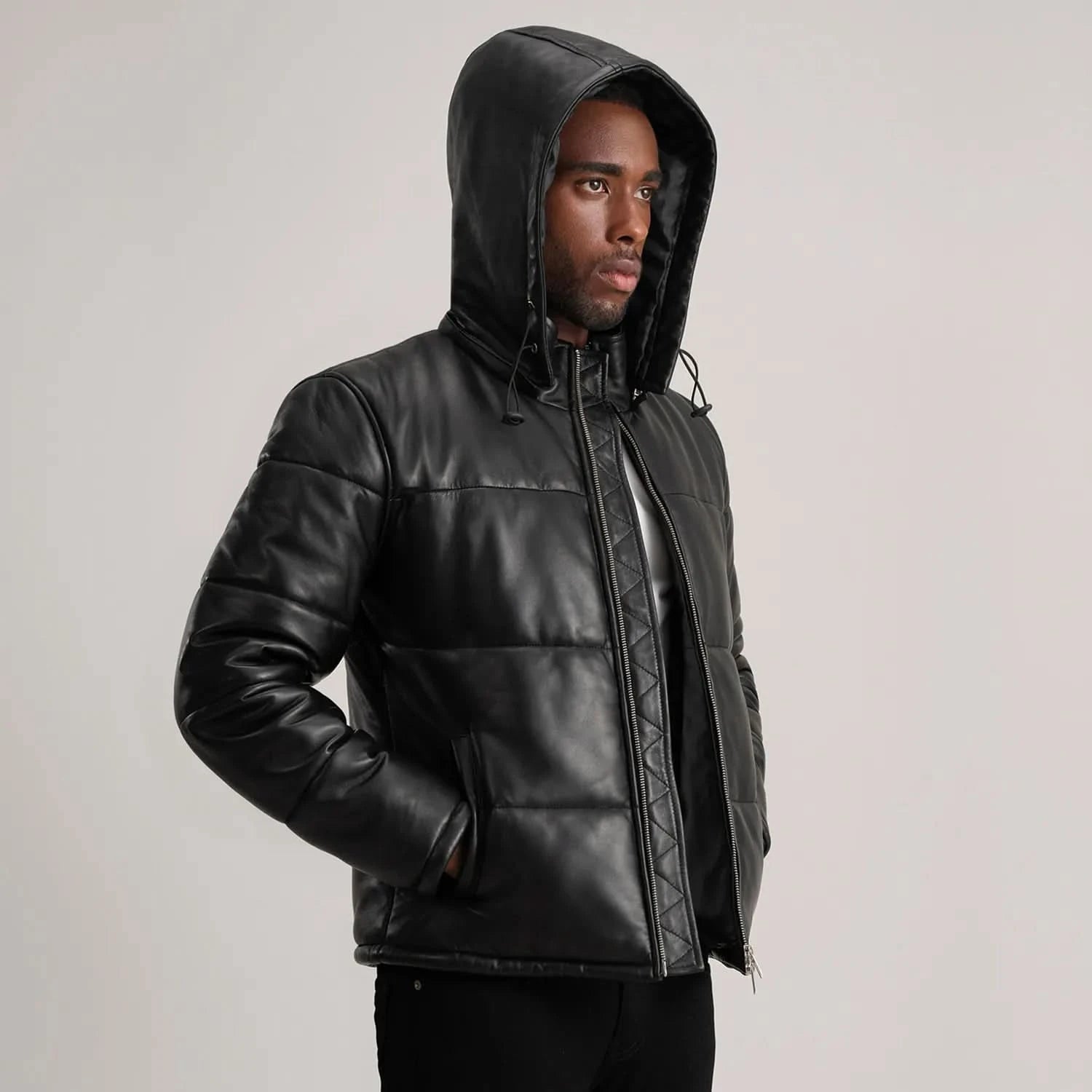 Conrad Black Hooded Leather Puffer Jacket - Image 4