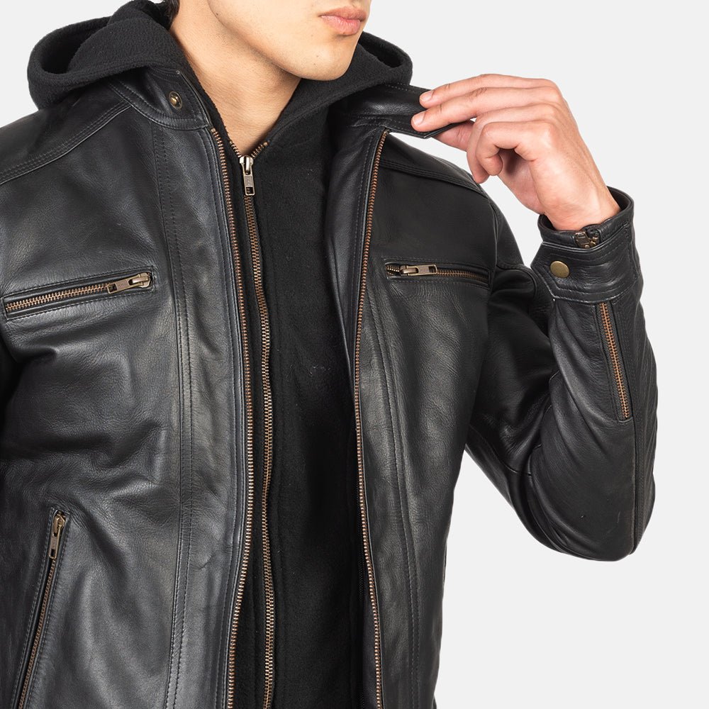 Hector Black Hooded Leather Biker Jacket - Image 6