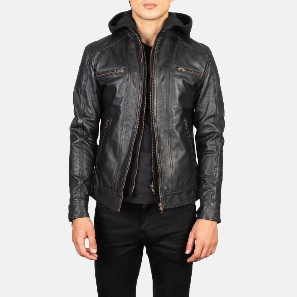 Hector Black Hooded Leather Biker Jacket - Image 1