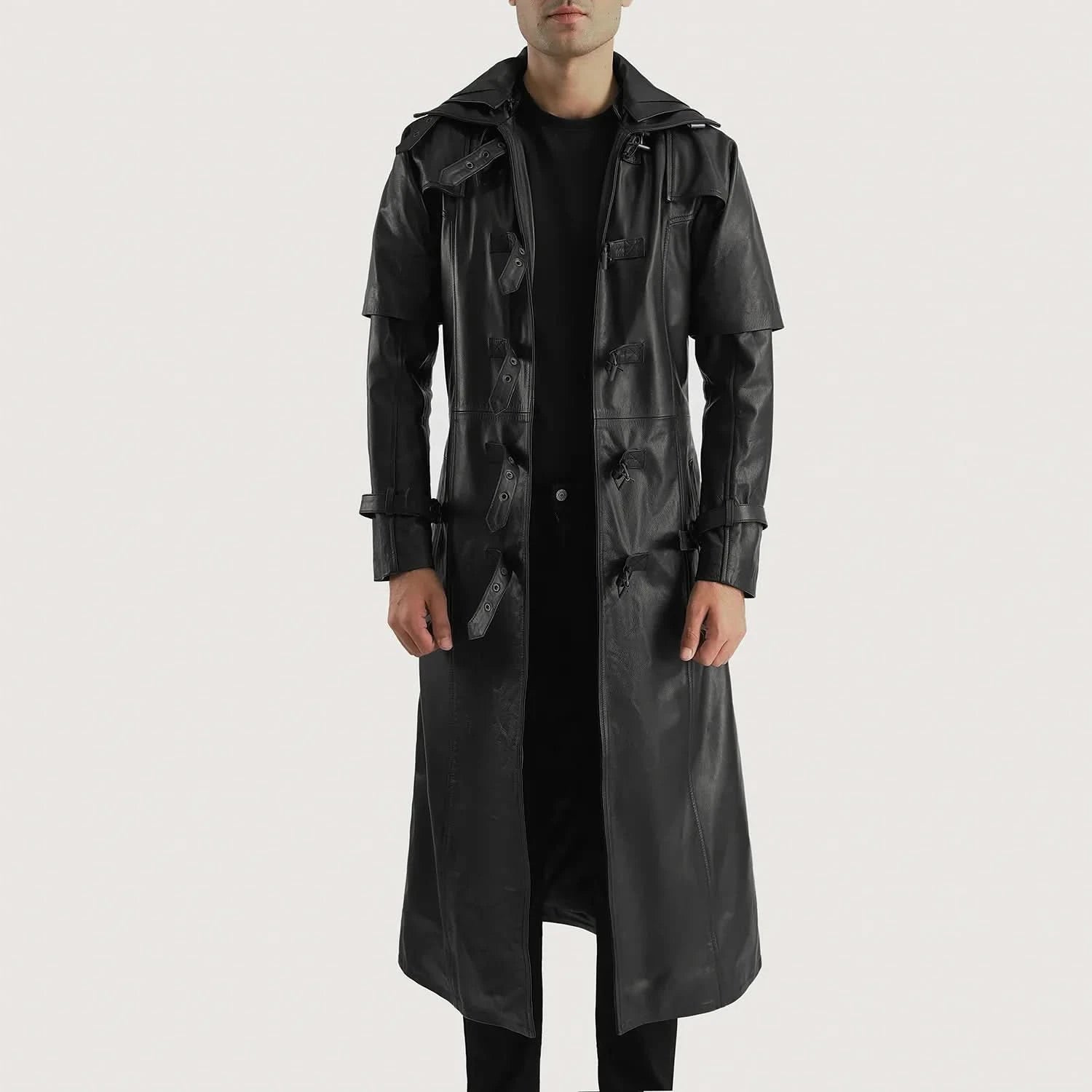 Huntsman Black Hooded Leather Trench Coat - Image 3