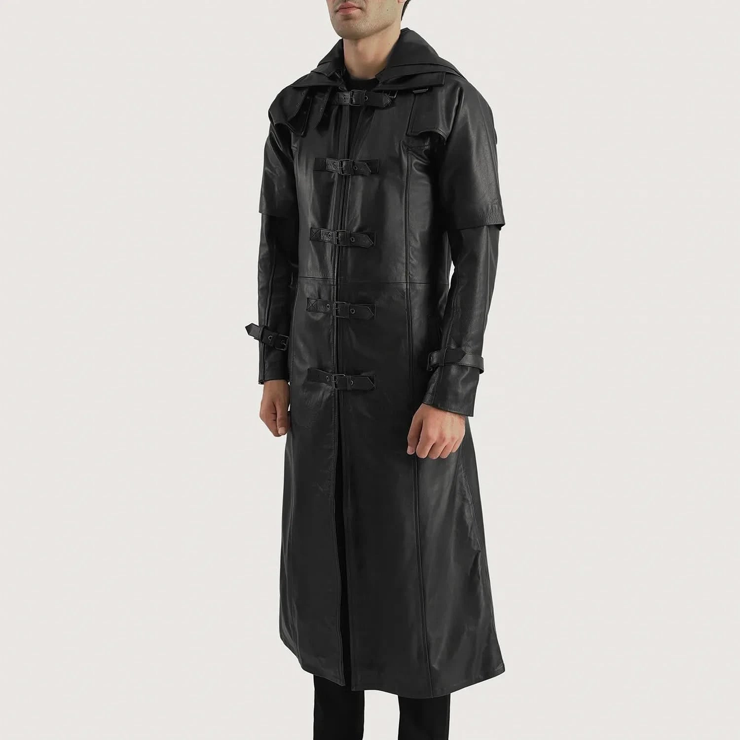 Huntsman Black Hooded Leather Trench Coat - Image 4
