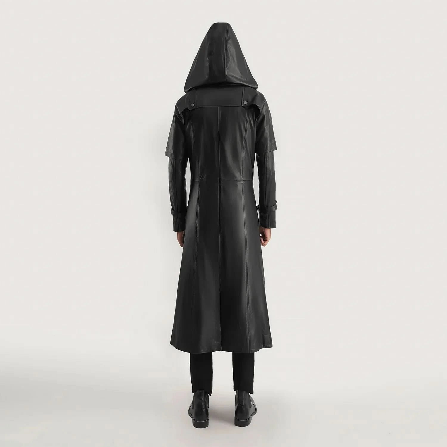 Huntsman Black Hooded Leather Trench Coat - Image 2