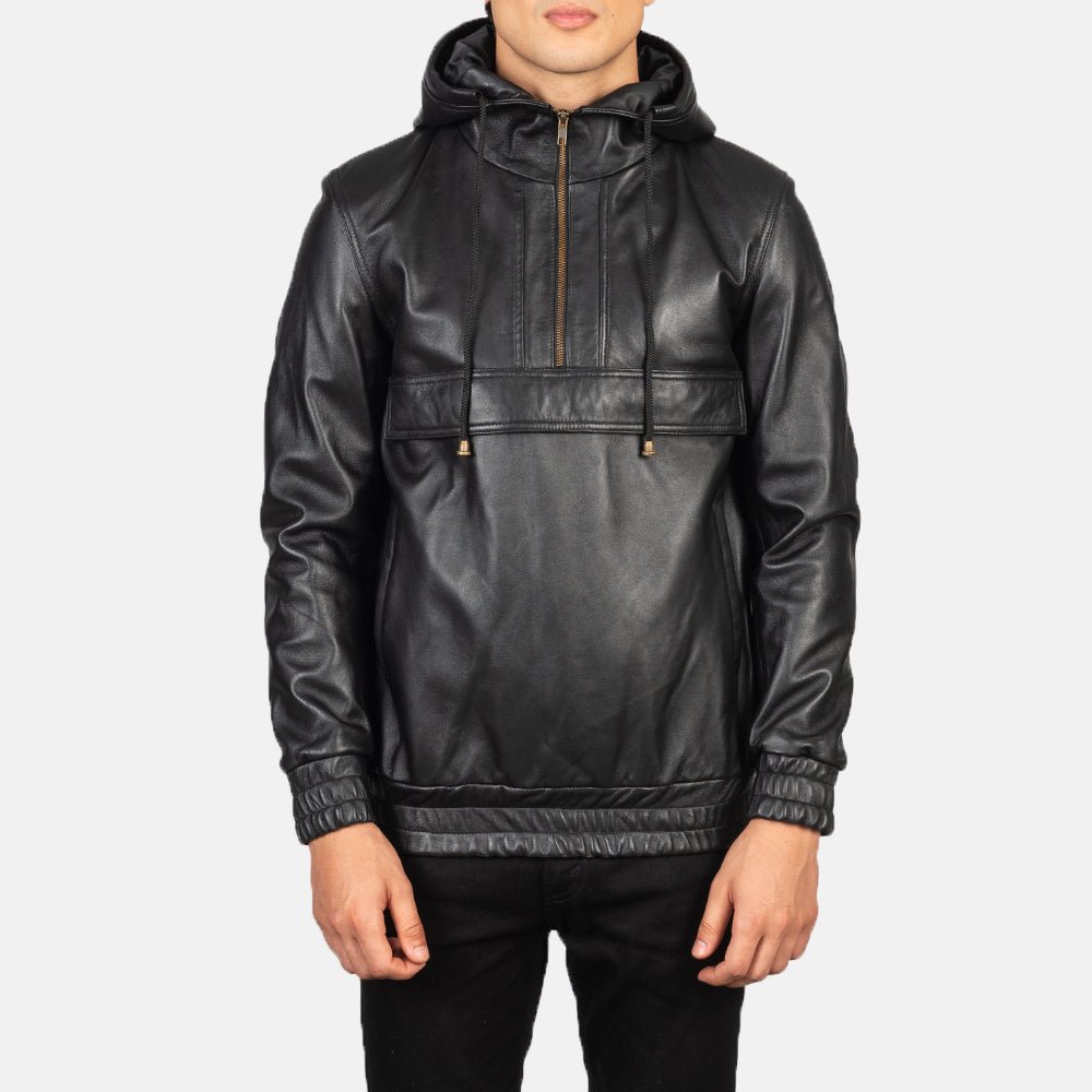 Kenton Hooded Black Leather Pullover Jacket - Image 1