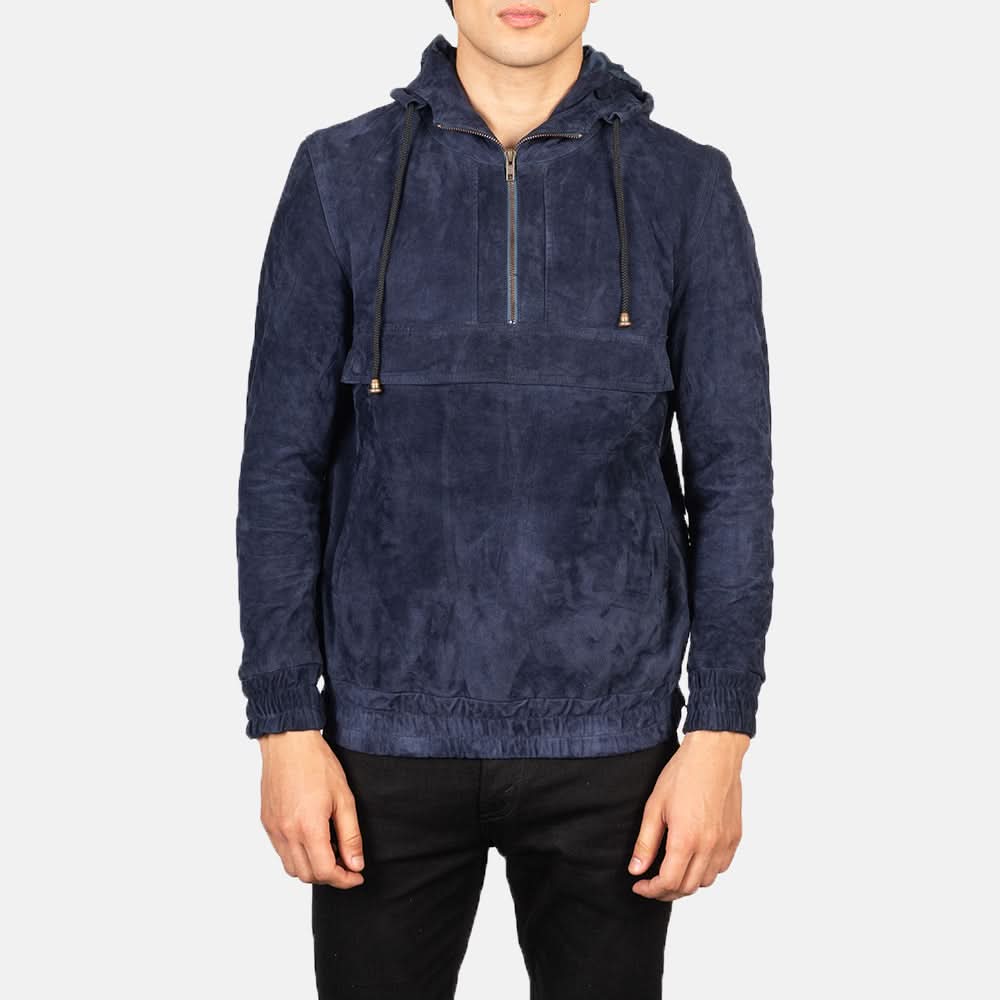 Kenton Hooded Blue Suede Pullover Jacket - Image 5