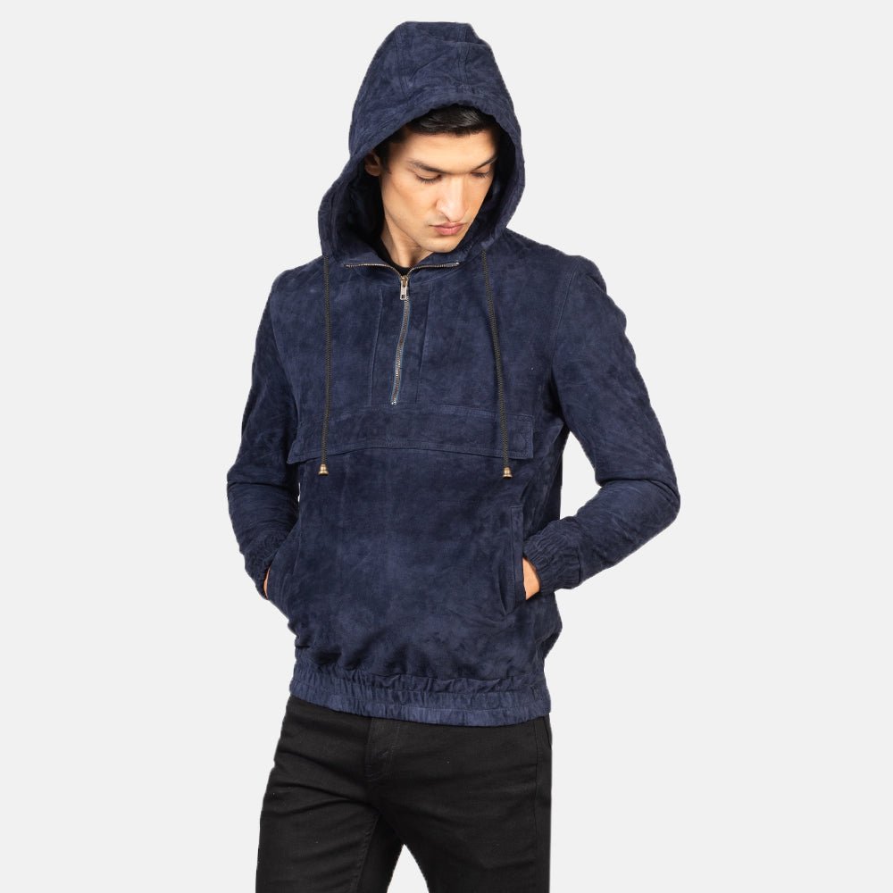 Kenton Hooded Blue Suede Pullover Jacket - Image 6