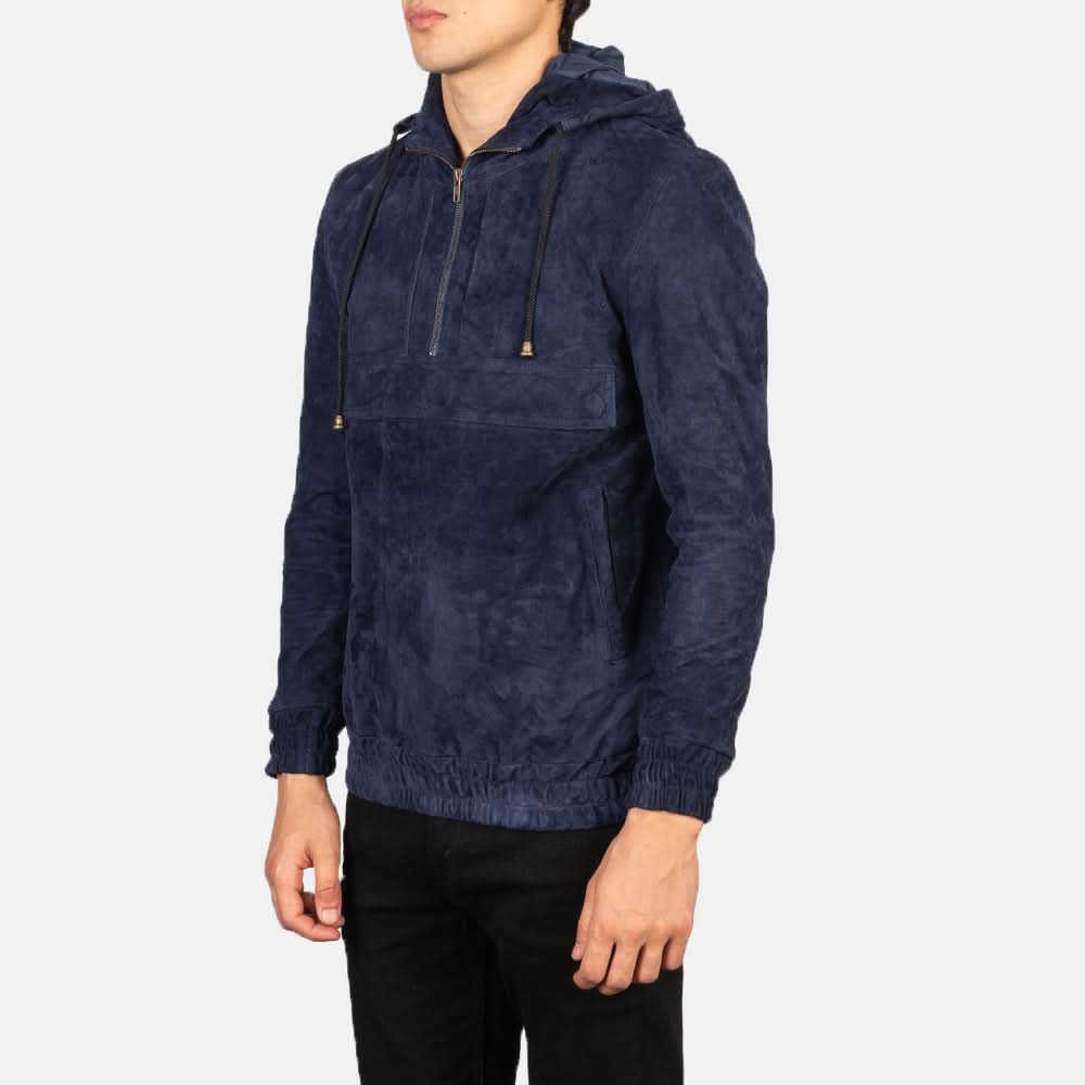 Kenton Hooded Blue Suede Pullover Jacket - Image 3
