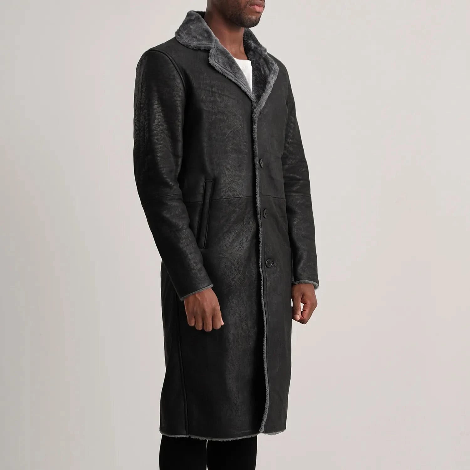 Kolby Distressed Black Leather Shearling Coat - Image 4