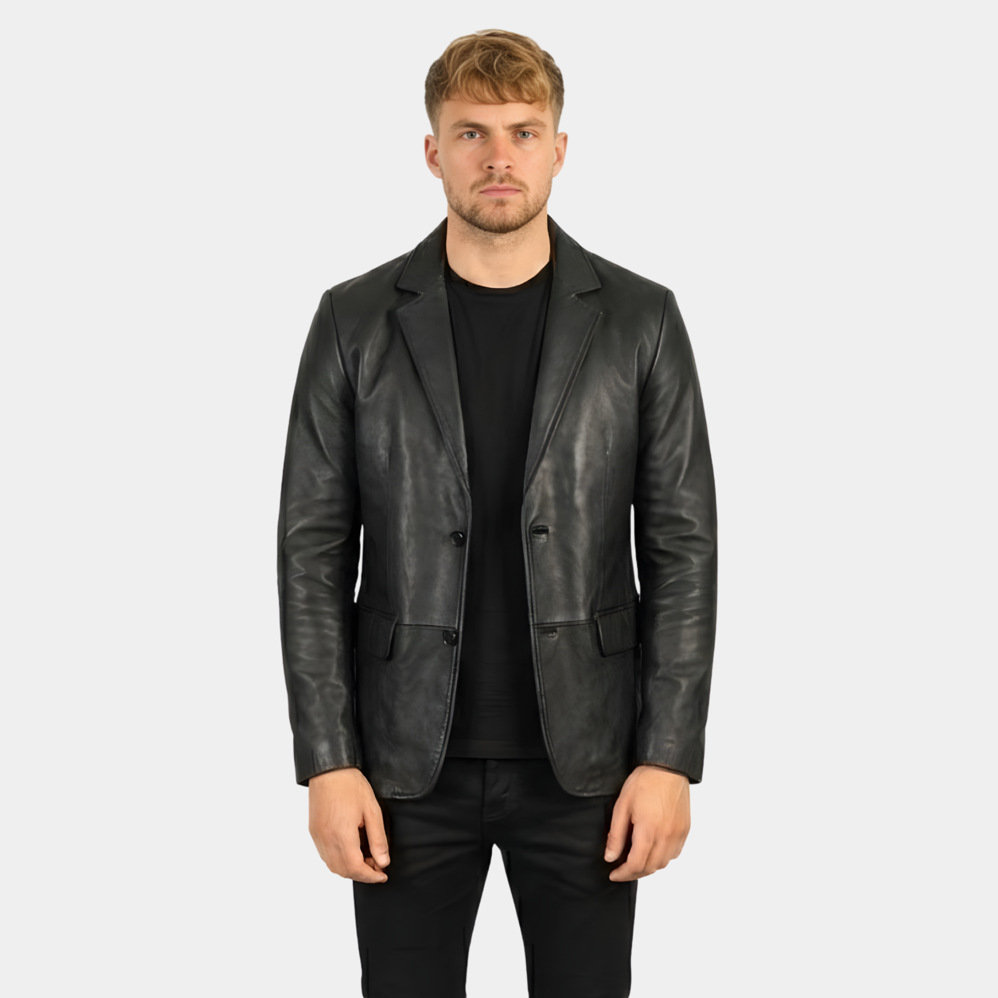 Men's Lapel Color Black Leather Blazer - Image 6